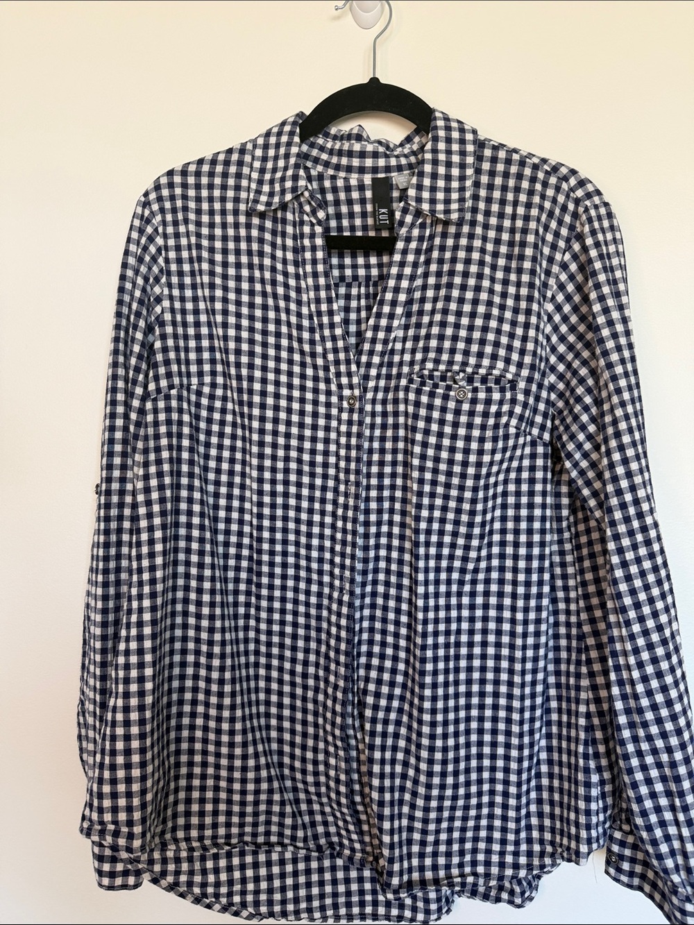 Navy Gingham Button Down Blouse